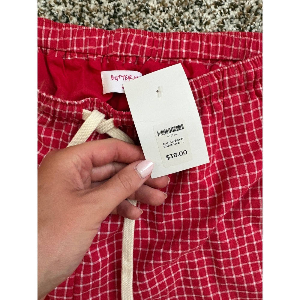 NWT Butter Melon Karma Boxer Short Large Red Grid Print Drawstring Loungewear - Picture 2 of 4